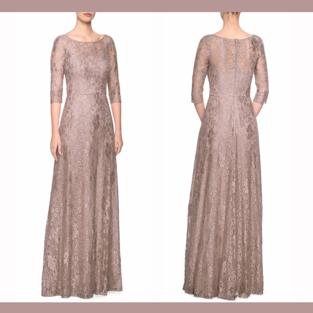 NWT $588 La Femme [ 18 ] 3/4 Sleeve Lace A-Line Gown‎ in Cocoa